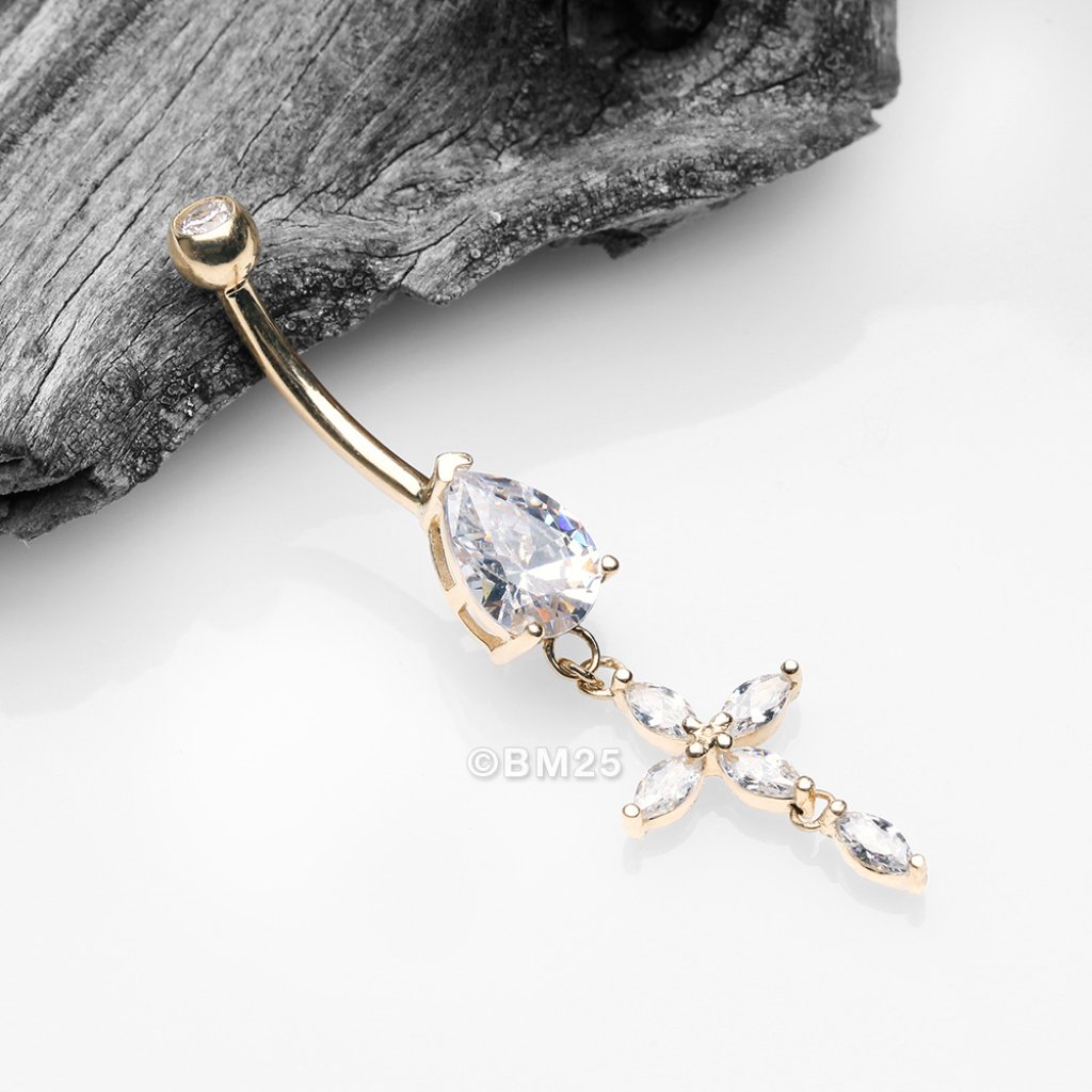 14 Karat Gold Marquise Cross Teardrop Sparkle Belly Button Ring 263$